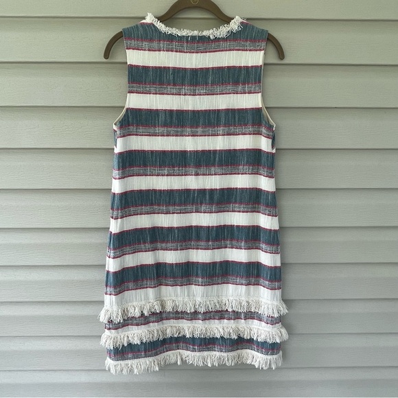 Anthropologie Holding Horses Stripe Cream Blue Fringe Shift Dress Size 4 - Picture 3 of 14